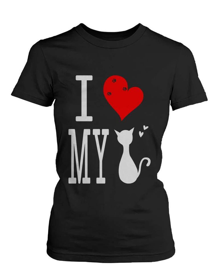 Funny Graphic Statement Womens Black T-Shirt - I Love My Cat