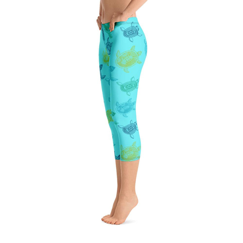 Women's All Day Comfort Light Blue Turtle Capri Leggings