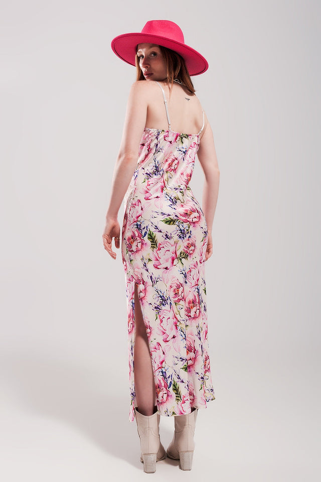 V Back Satin Midi Dress in Pink Rose Print