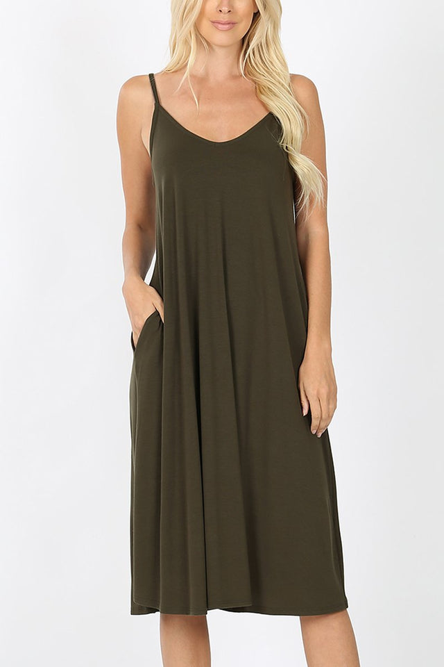 Premium Fabric V-Neck Cami Knee Length Dress